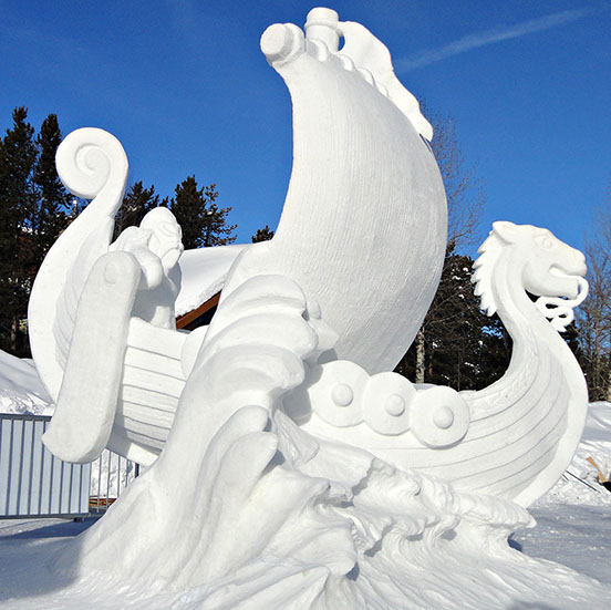 Viking ship snow sculpture designed and sculpted by THE TAHOE SNOW SCULPTING TEAM and Team Iceland